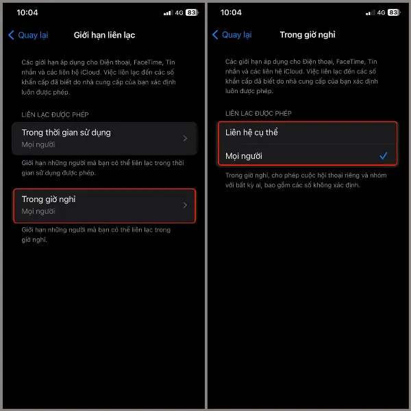 Tùy chỉnh liên lạc trong giờ nghỉ trên iPhone