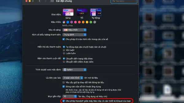 Tùy chọn "Cho phép Handoff giữa máy Mac này và các thiết bị iCloud của bạn" được bật trong cài đặt chung