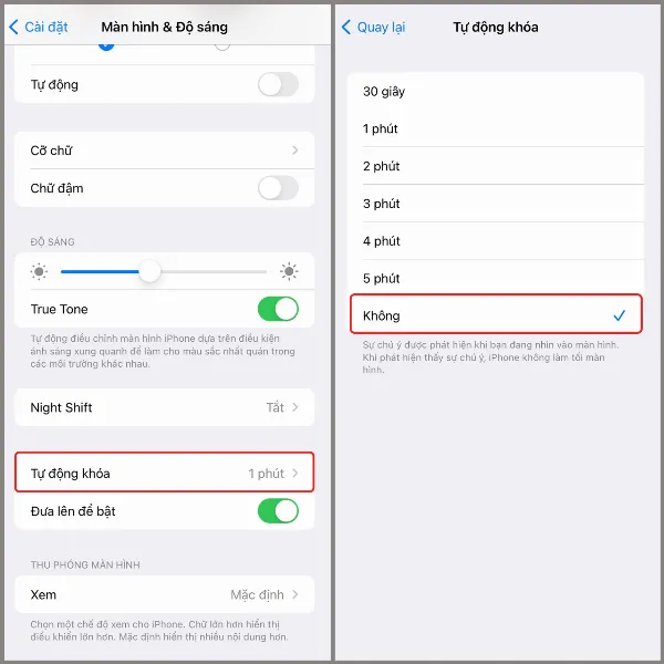 Tùy chọn Không trong menu Tự động khóa iPhone