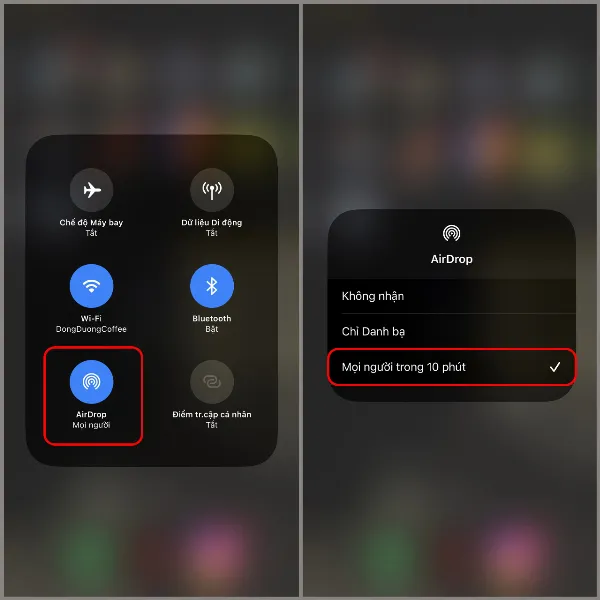 Tùy chọn "Mọi người trong 10 phút" được chọn trong cài đặt AirDrop trên iPhone