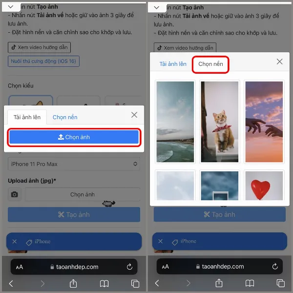 Tùy chọn tải lên ảnh từ thư viện hoặc sử dụng hình nền có sẵn trên trang web tạo hình nền thú cưng