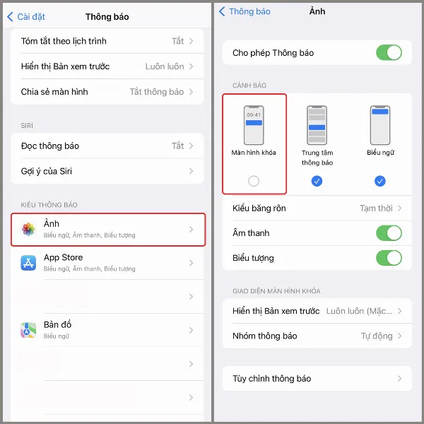 Tùy chọn tắt thông báo màn hình khóa trong cài đặt thông báo của một ứng dụng trên iPhone