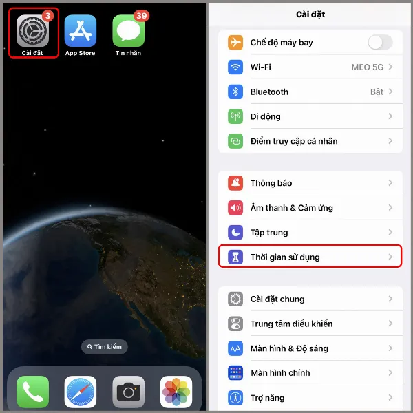 Ứng dụng Cài đặt trên iPhone với mũi tên chỉ đến mục Thời gian sử dụng