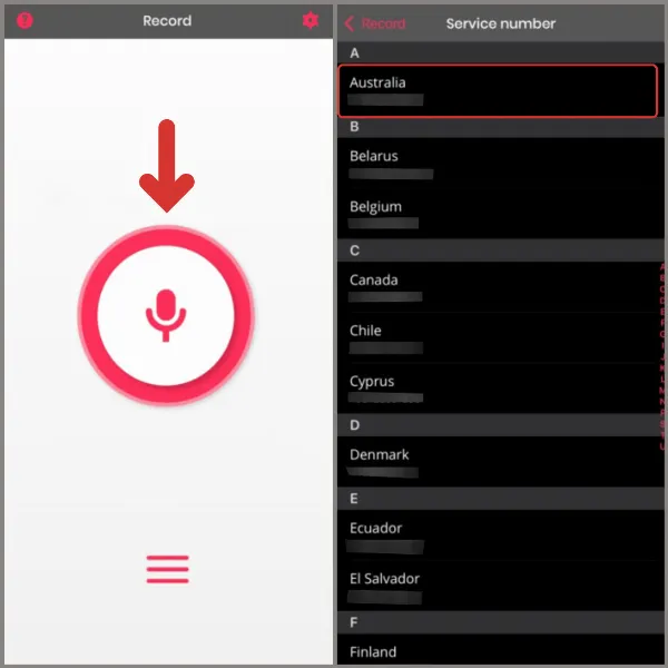 Ứng dụng Call Recorder cho phép người dùng chọn số điện thoại service