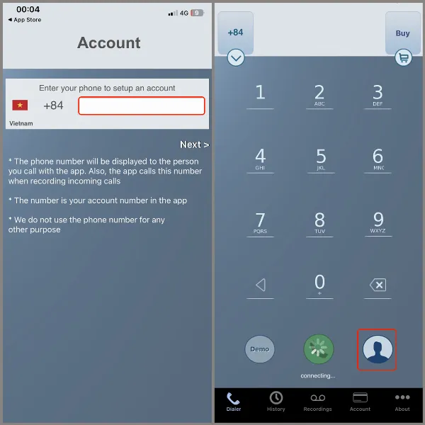 Ứng dụng Call Recorder - IntCall cho phép người dùng nhập số điện thoại để đăng ký tài khoản