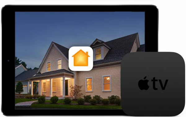 Ứng dụng Home trên Apple TV hiển thị giao diện điều khiển các thiết bị HomeKit, cho phép người dùng quản lý nhà thông minh từ xa
