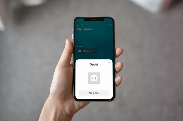 Ứng dụng Home trên iPhone hiển thị các bước thêm thiết bị mới vào hệ thống HomeKit, bao gồm quét mã QR và thiết lập thông tin