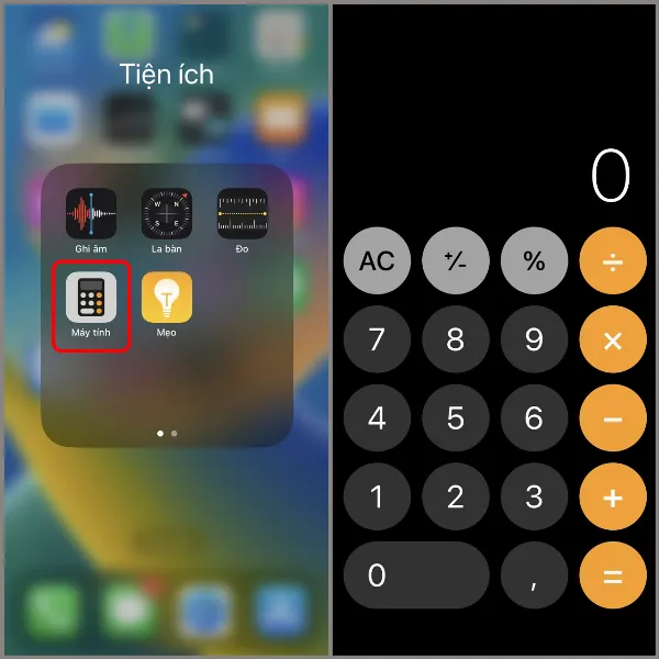 Ứng dụng máy tính trong thư mục tiện ích trên iPhone