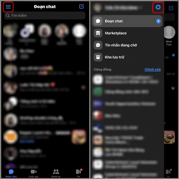 Ứng dụng Messenger trên iPhone với biểu tượng ba dấu gạch ngang được khoanh tròn và mũi tên chỉ đến biểu tượng cài đặt hình bánh răng cưa