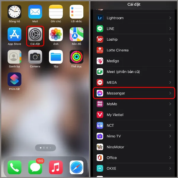 Ứng dụng Messenger trong phần cài đặt của iPhone