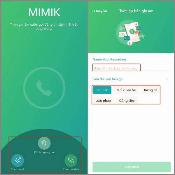 Ứng dụng MiMik Lite cho phép người dùng đặt tên cho bản ghi âm cuộc gọi