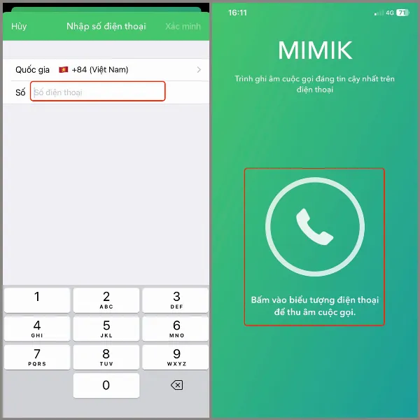 Ứng dụng MiMik Lite cho phép người dùng nhập số điện thoại để ghi âm cuộc gọi