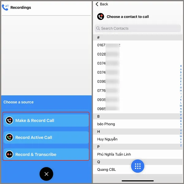 Ứng dụng NoNotes cho phép người dùng chọn chức năng ghi âm và liên hệ