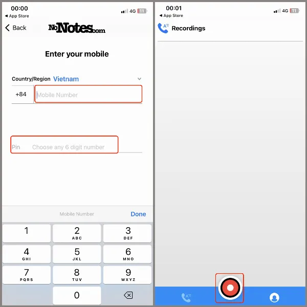 Ứng dụng NoNotes yêu cầu người dùng nhập số điện thoại và mã PIN để đăng ký