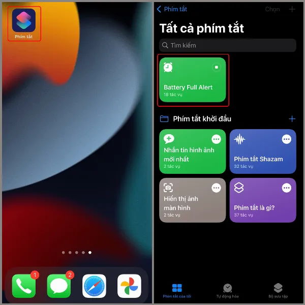 Ứng dụng Phím tắt và giao diện thêm phím tắt mới trên iPhone