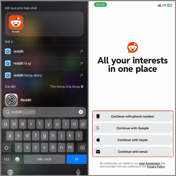 Ứng dụng Reddit trên iPhone, các phương thức đăng ký tài khoản bao gồm Apple, Google và số điện thoại