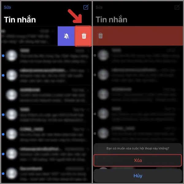 Ứng dụng Tin nhắn trên iPhone, hướng dẫn người dùng xóa các tin nhắn không cần thiết bằng cách vuốt sang trái và chọn biểu tượng thùng rác, giúp giải phóng dung lượng và cải thiện hiệu năng.