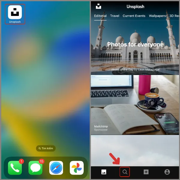 Ứng dụng Unplash trên App Store với giao diện tìm kiếm ảnh nền