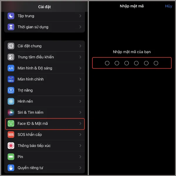 Vào Cài đặt, chọn Face ID & Mật mã, nhập mật khẩu hiện tại
