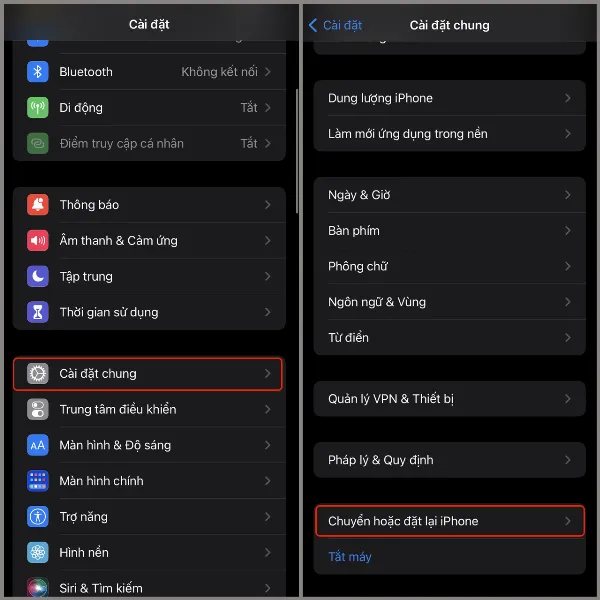 Vào Cài đặt chung và chọn Chuyển hoặc đặt lại iPhone