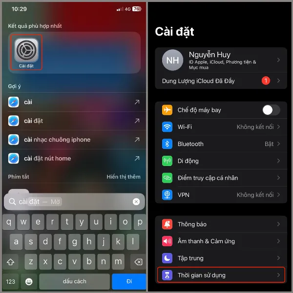 Vào phần Thời gian sử dụng trong Cài đặt