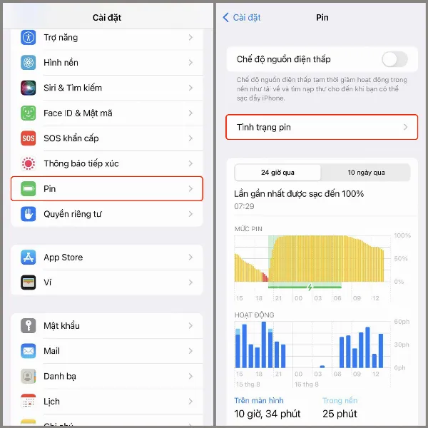 Vào tình trạng pin
