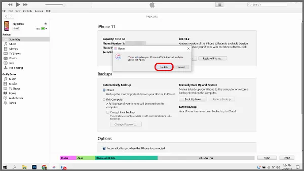 Xác nhận cập nhật iOS trên iTunes