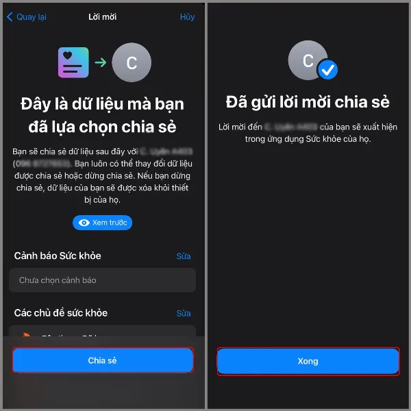 Xác nhận chia sẻ dữ liệu sức khỏe sau khi kiểm tra thông tin