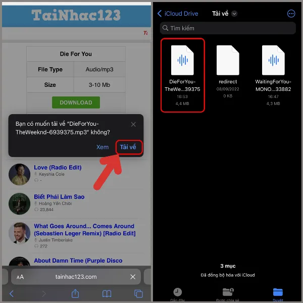 Xác nhận tải về và kiểm tra trong ứng dụng Tệp