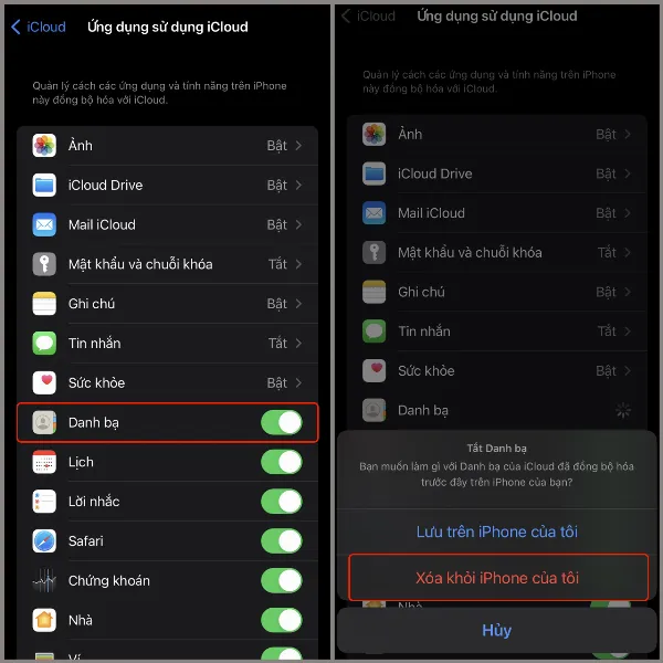 Xác nhận xóa danh bạ khỏi iPhone thông qua cài đặt iCloud
