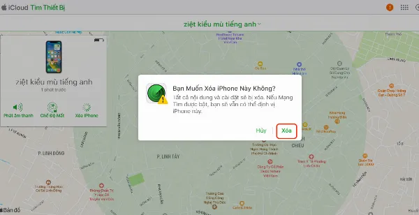 Xác nhận xóa iPhone khỏi iCloud, với cảnh báo dữ liệu sẽ bị xóa vĩnh viễn