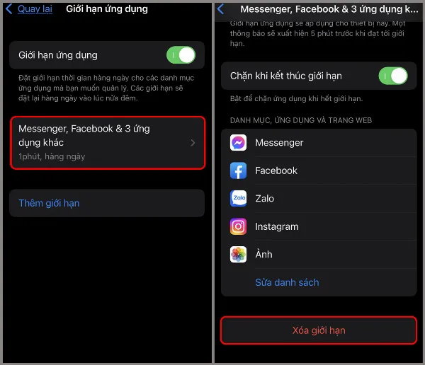Xóa giới hạn ứng dụng bằng cách vuốt sang trái và chọn Xóa.
