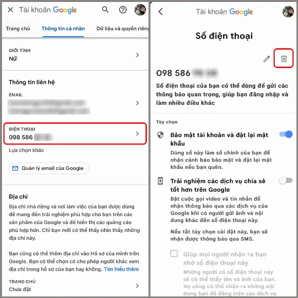 Xóa số điện thoại khỏi tài khoản Google