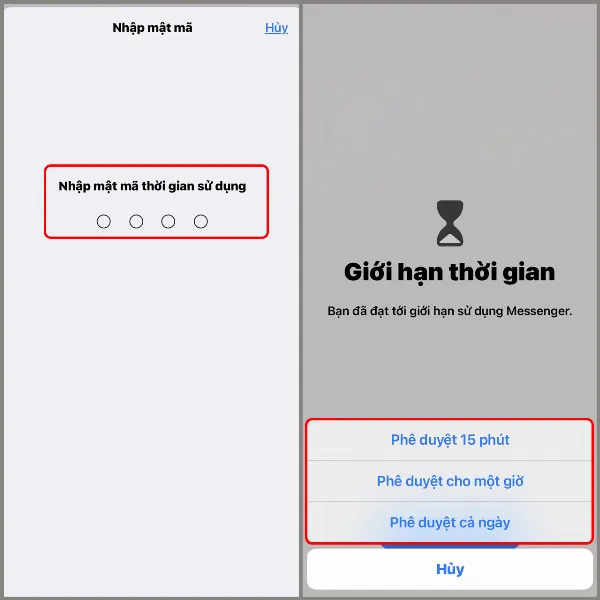 Yêu cầu nhập mật mã thời gian sử dụng và các tùy chọn thời gian sử dụng Messenger